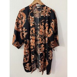 JAPANESE KIMONO Black Orange Dragons Unbelted Size 34 Men Small Women XL